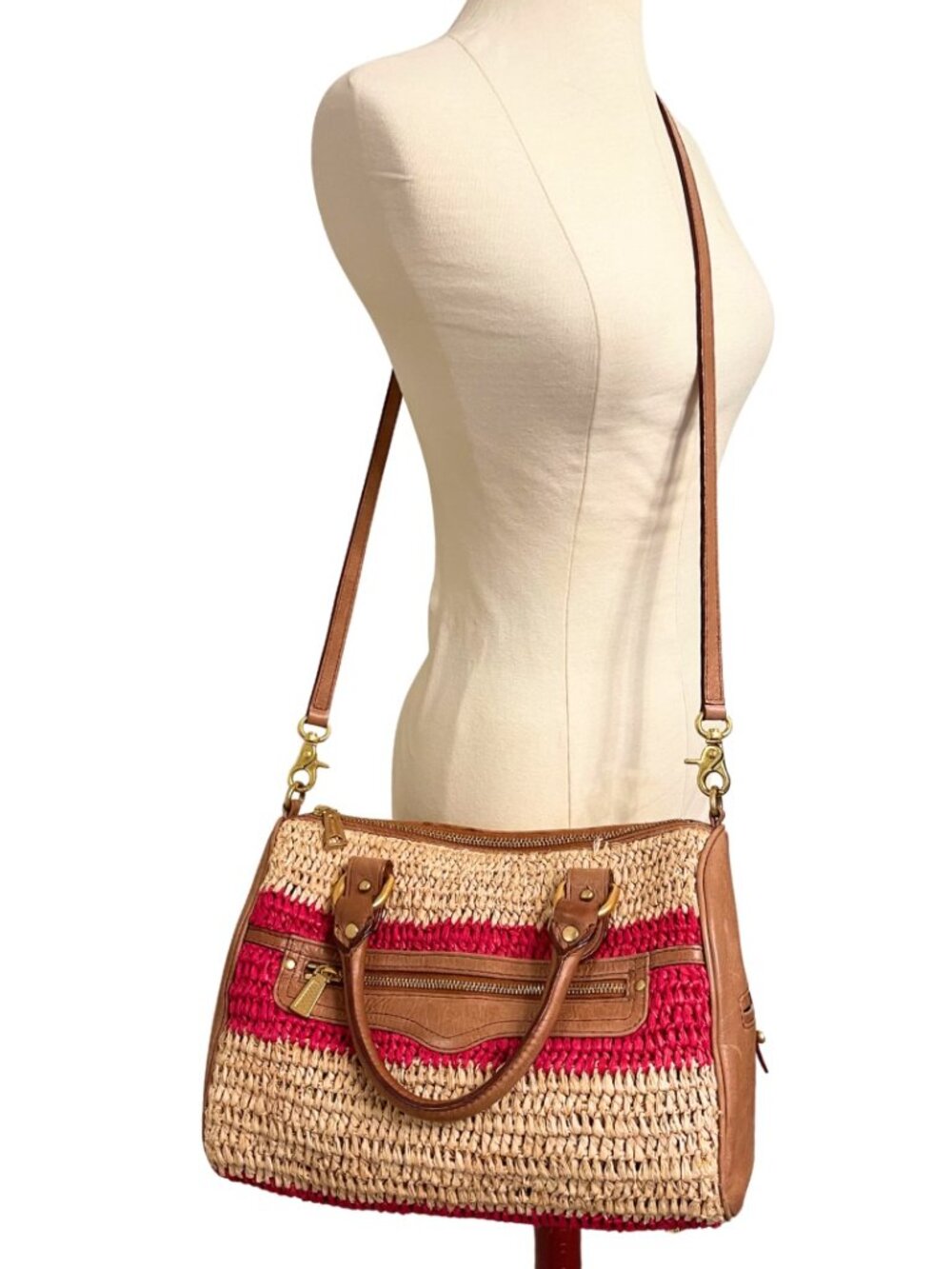 Rebecca Minkoff Red and Tan Raffia Straw & Leather Satchel Bag